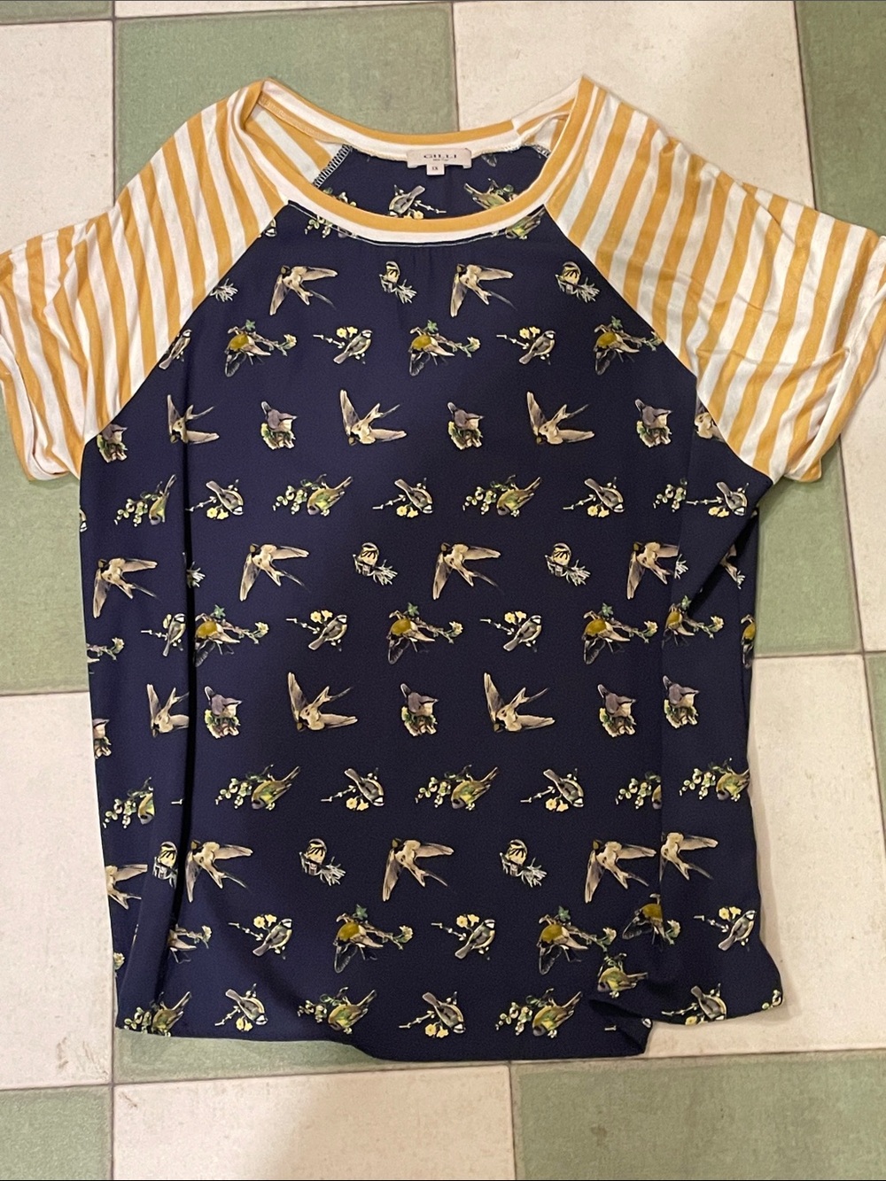 Gilli Navy Bird-Print Raglan Tee with Yellow Stripe Sleeves